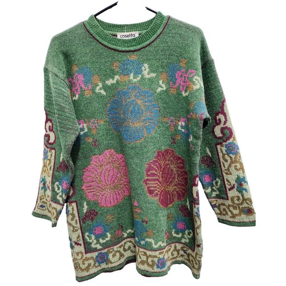 Cosetta Sweaters - Vintage Cosetta Womens Green Tapestry Design Sweater Large Retro Pullover 90's